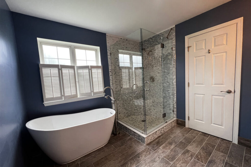 Bathroom Remodeling Blue White and Wood