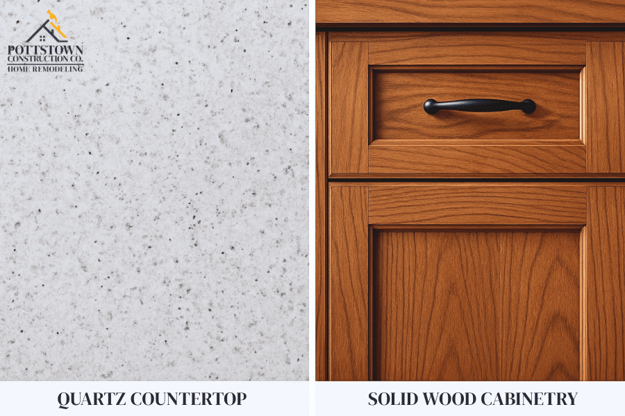 Side-by-side photos of quartz countertops and solid wood cabinetry.
