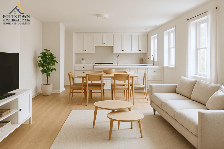 Modern open-concept kitchen and living room with white cabinetry, wood dining table, and light oak flooring by Pottstown Construction