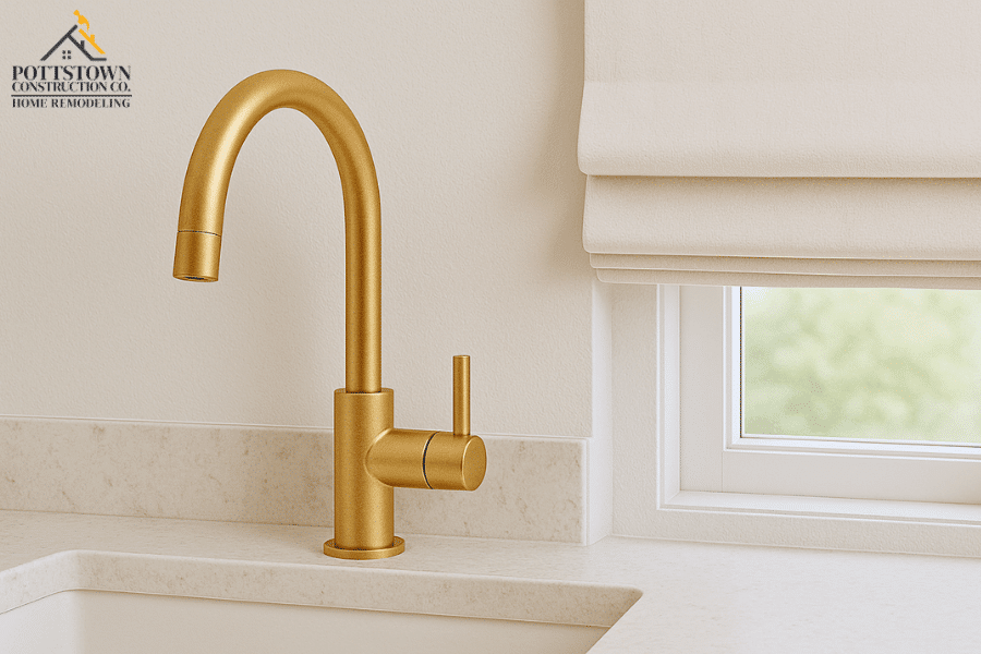 Gold kitchen faucet with pull-down spray over marble countertop sink