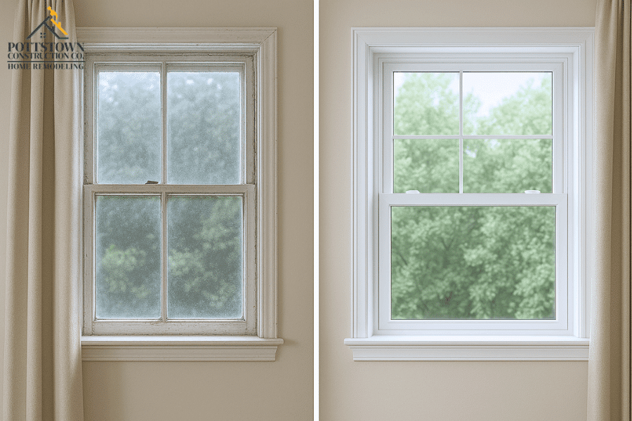 Before-and-after of new energy-efficient windows or a close-up of attic insulation being installed.