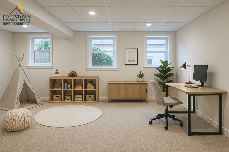 A basement flex space that’s part playroom, part office