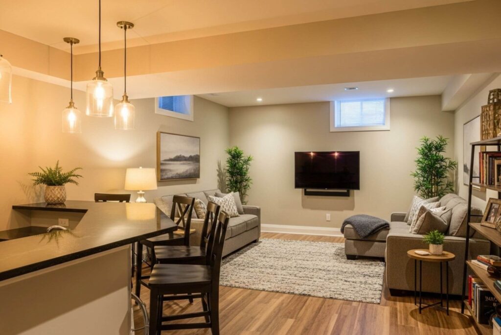 Finished basement remodel with modern pendant lighting, comfortable seating area, and wood flooring by Pottstown Construction Company