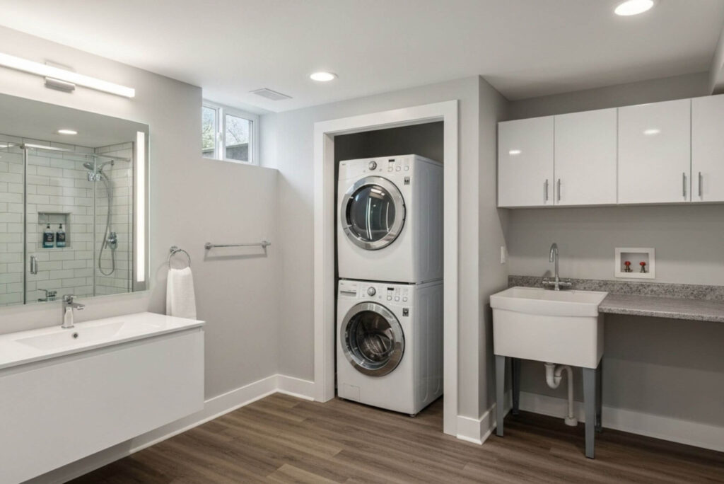 Modern primary bathroom and laundry room remodel with stackable washer dryer and custom white vanity