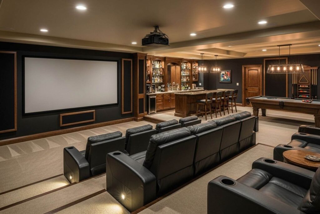 Luxury basement home theater with projection screen, leather recliners, wet bar, pool table, and custom wood finishes