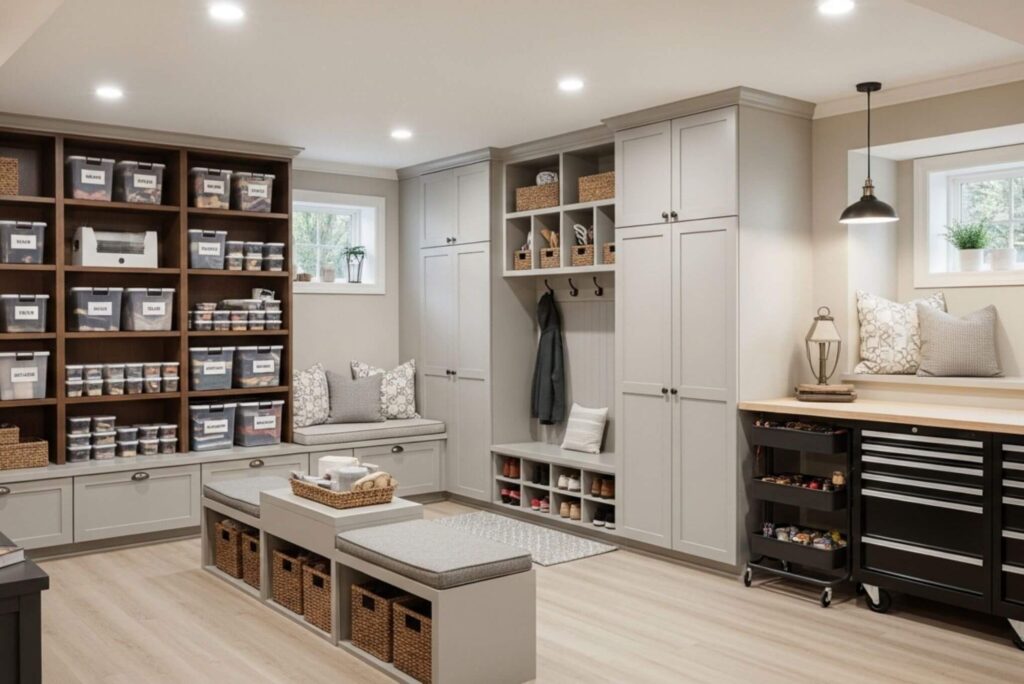 Custom mudroom with white shaker cabinets, built-in shelving, and wood countertops by Pottstown Construction