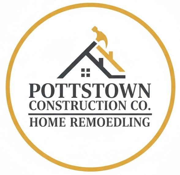 Pottstown Construction Company home remodeling logo with roof, hammer, and house icon in gold circle