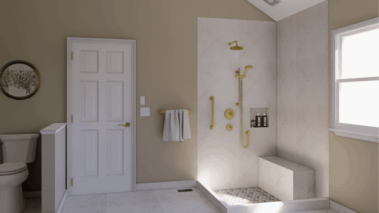 Modern bathroom remodel with marble walk-in shower, brass fixtures, white six-panel door, and neutral tile flooring.