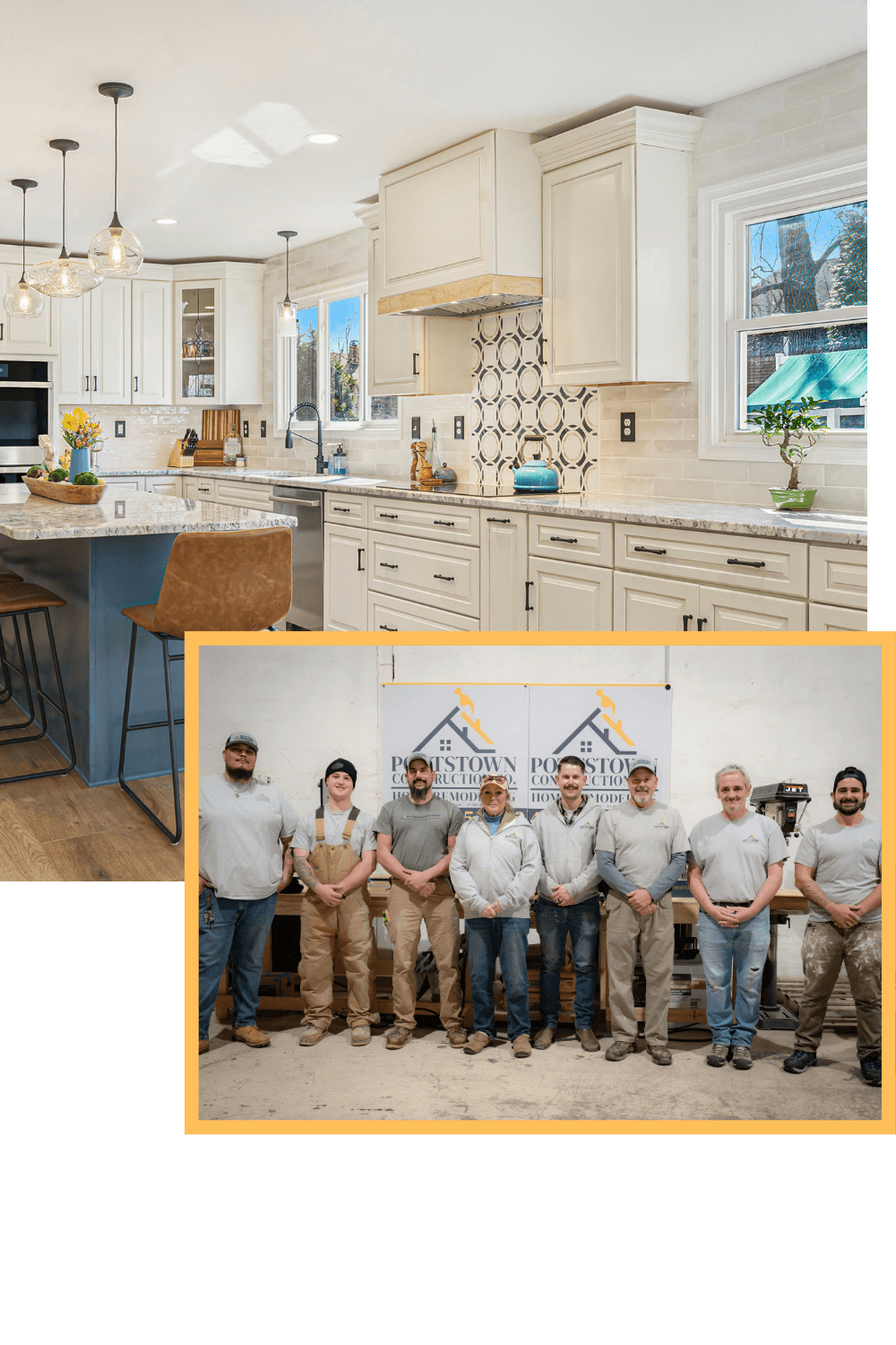 Pottstown Construction Company team and modern kitchen remodel with white cabinets, granite countertops, and geometric backtile