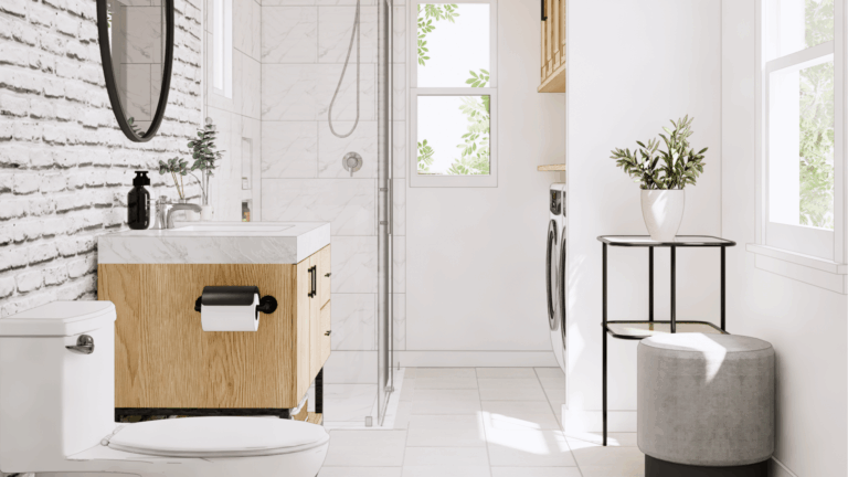Modern bathroom remodel with white subway tile, marble shower enclosure, wood vanity, and glass windows