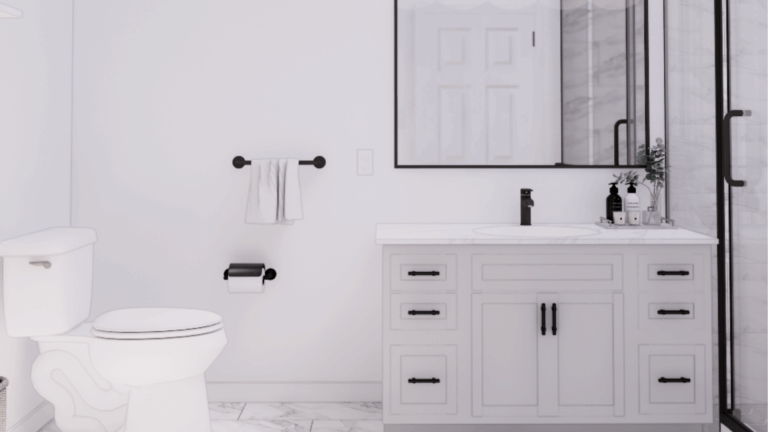 Modern white bathroom remodel with vanity cabinet, marble countertop, black fixtures, and glass shower enclosure
