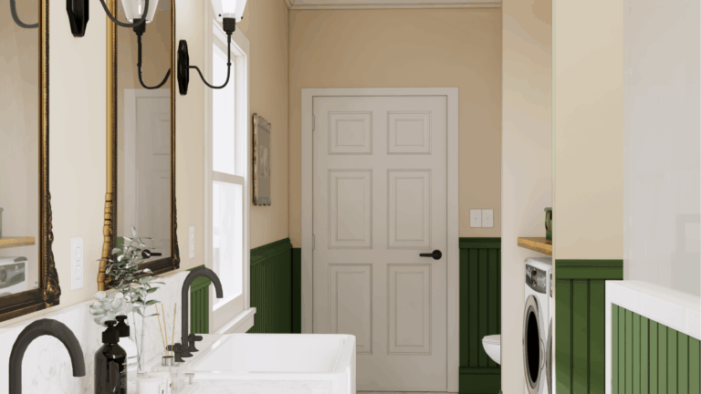 Modern bathroom remodel with white vanity, green shaker cabinets, beige walls, and black hardware fixtures
