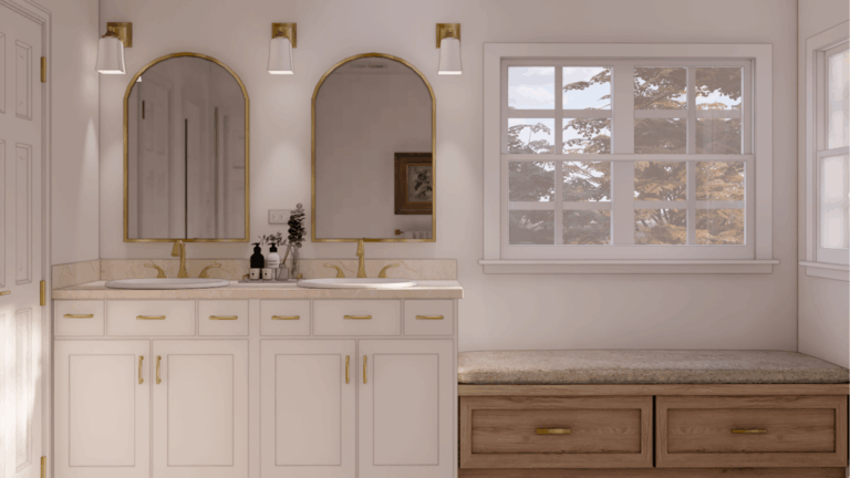 Modern master bathroom remodel with dual vanity, gold mirrors, and large window overlooking landscape