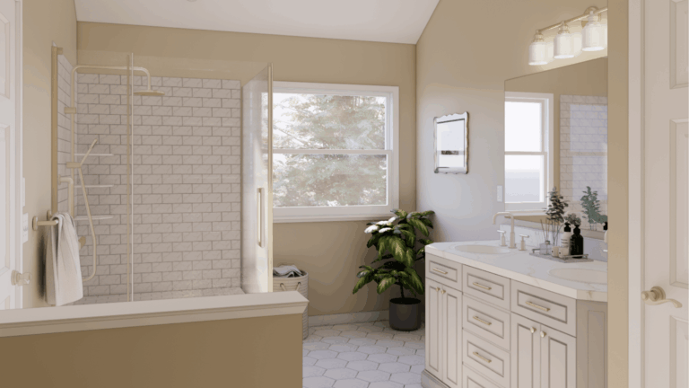 Modern bathroom renovation with frameless glass shower enclosure, white subway tile, cream vanity cabinets, and quartz countertops.