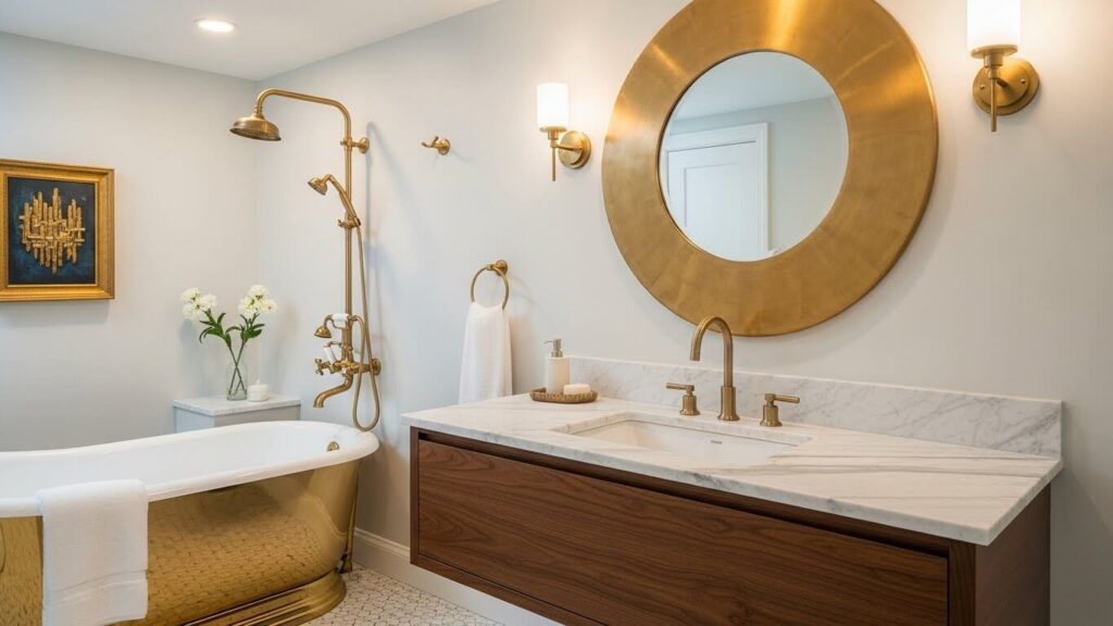 Gold bathroom fixtures paired with white tile and warm lighting