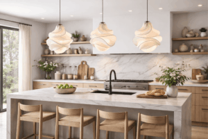 Modern kitchen remodel with marble countertops, wood cabinets, pendant lights, and island with seating