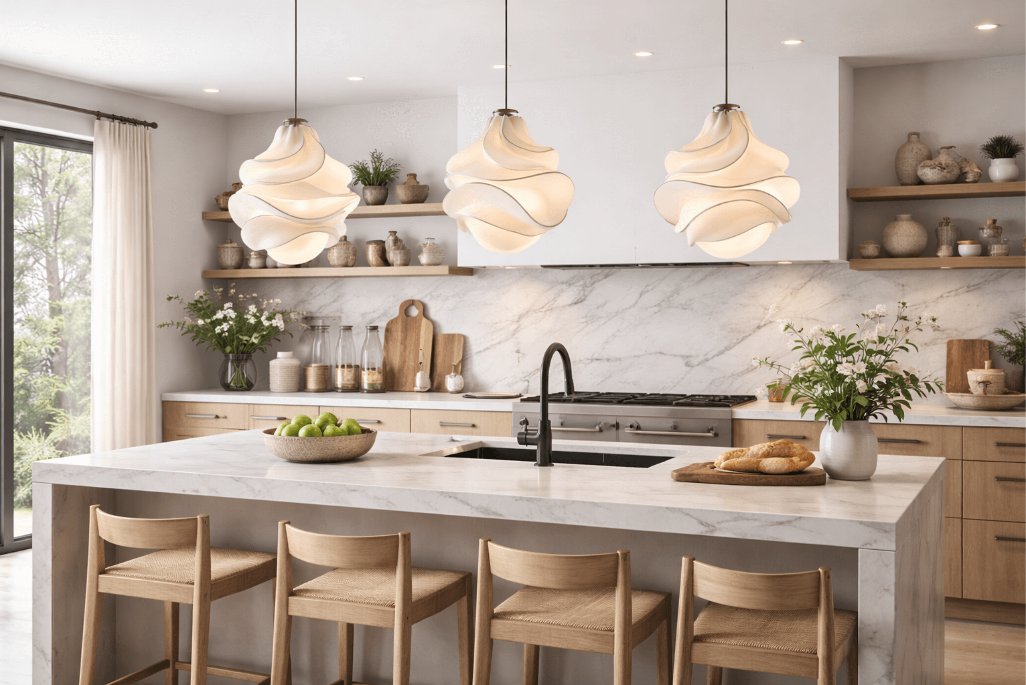 Blog 85 Modern kitchen remodel with marble countertops, wood cabinets, pendant lights, and island with seating