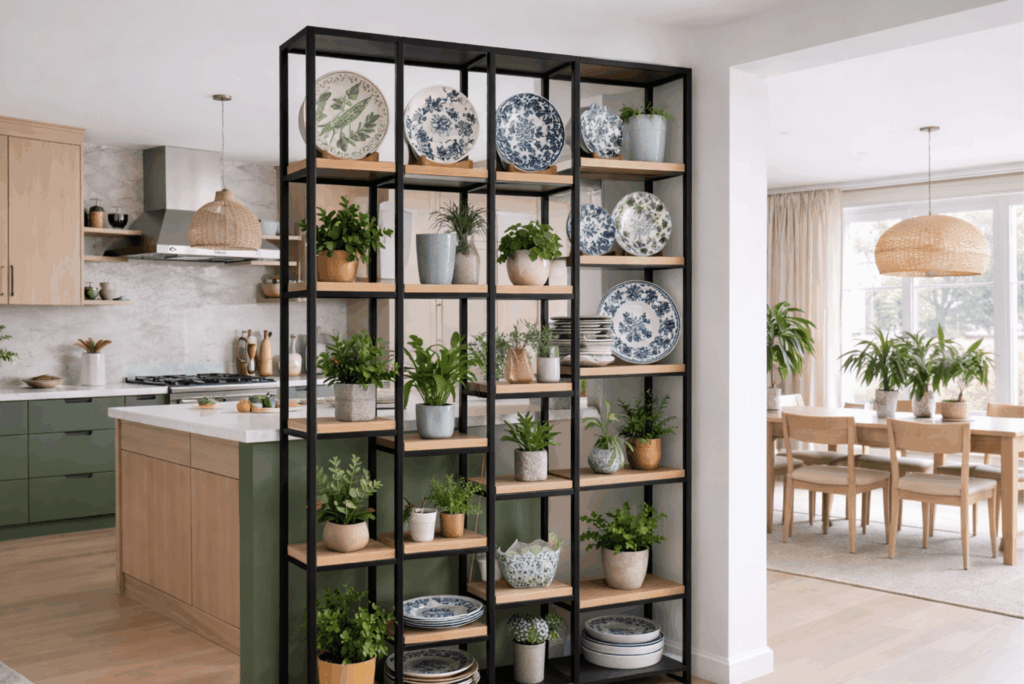 Modern kitchen with green cabinetry, black metal shelving unit, and wood shelves displaying decorative plates and potted plants