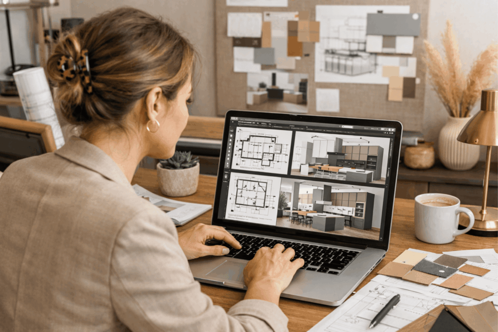 Interior designer reviewing home renovation plans and 3D renderings on laptop at desk with material samples
