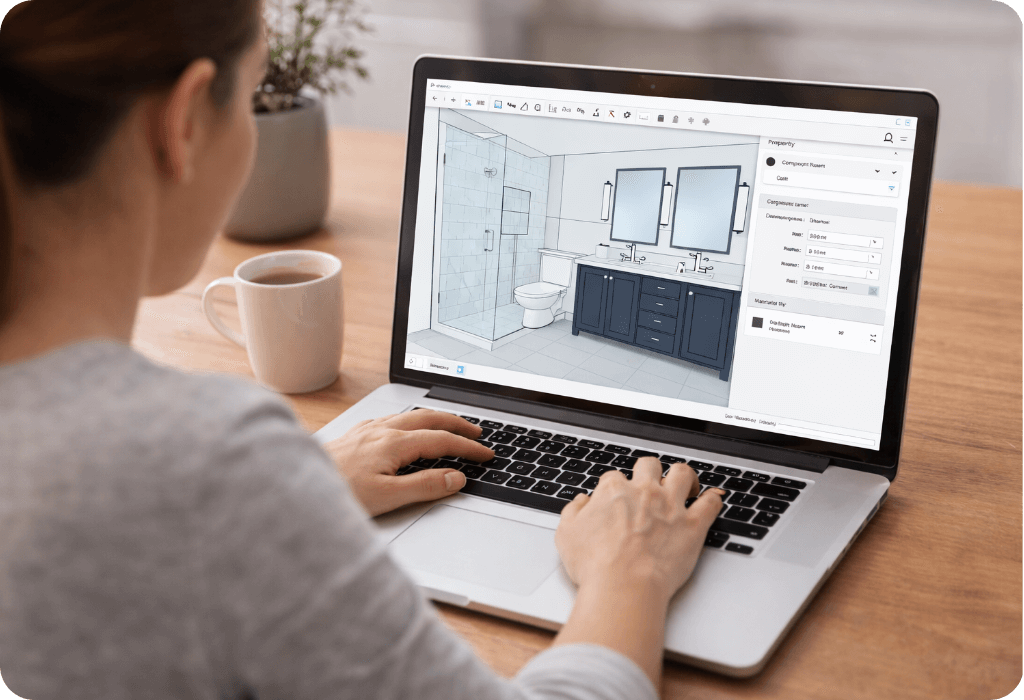 Designer viewing 3D bathroom remodel with vanity and shower on laptop screen