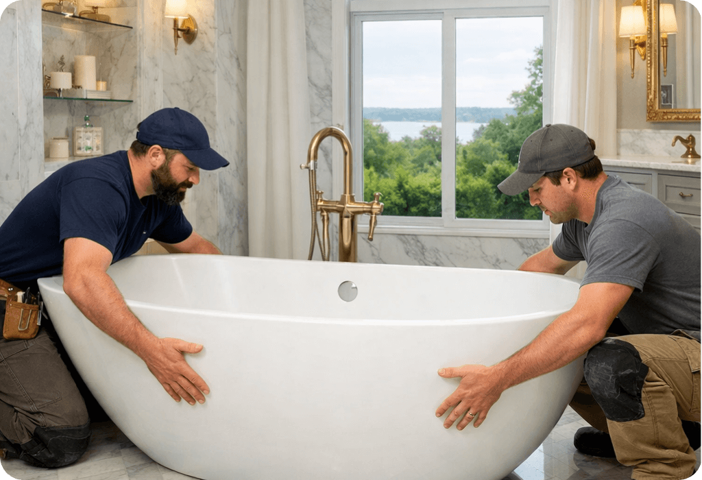 Two construction workers installing a modern white freestanding bathtub in a luxury bathroom with marble walls and brass fixtures.