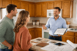 Contractor discussing kitchen remodel plans with homeowners using blueprints and tablet in wood cabinet kitchen