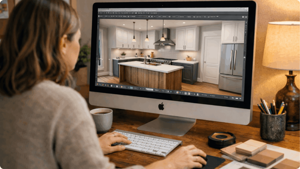 Our Construction Process 2 Designer reviewing modern kitchen remodel with white cabinets and quartz island on computer
