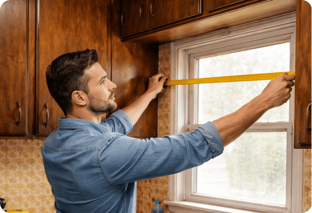 Contractor measuring kitchen window frame with tape measure during home remodeling project