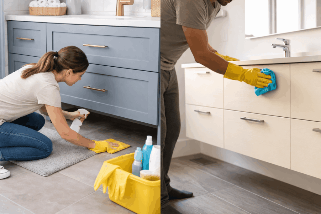 Bathroom remodel cleaning and maintenance with blue and white cabinetry and tile flooring