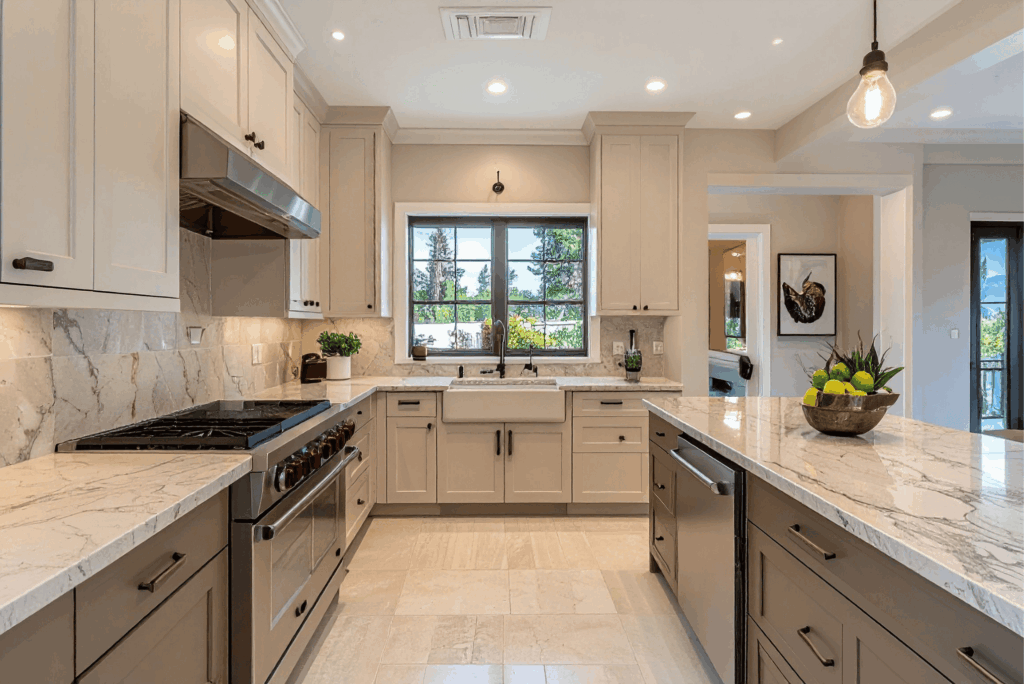 Modern kitchen remodel with white shaker cabinets, marble countertops, stainless steel appliances, and farmhouse sink by Pottstown Construction Company