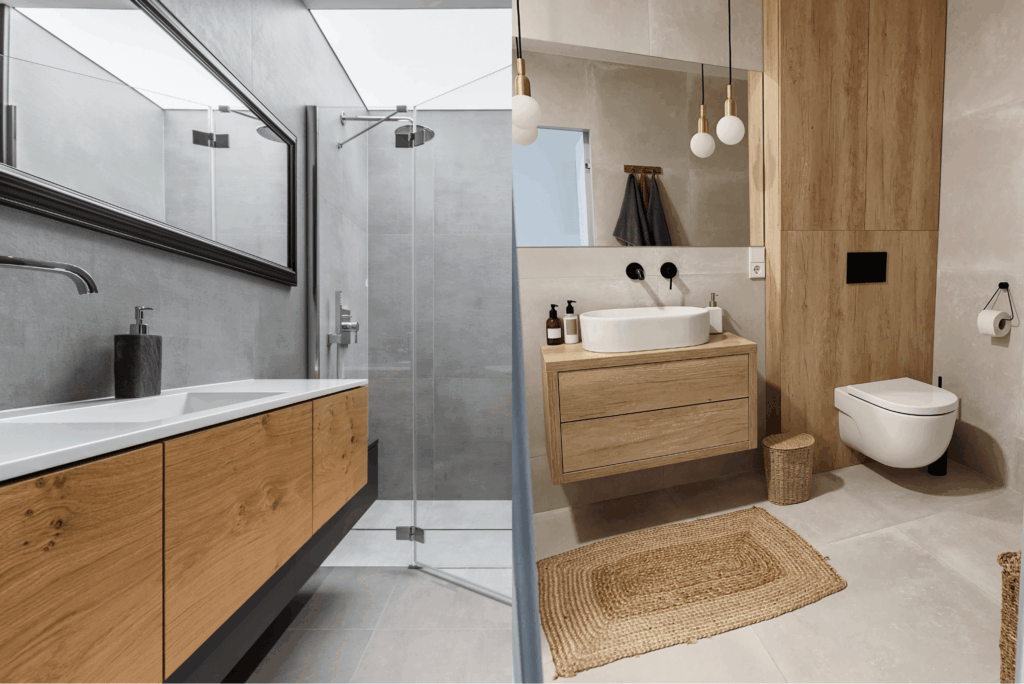 Modern bathroom remodel with wood vanity, glass shower enclosure, and tile flooring by Pottstown Construction