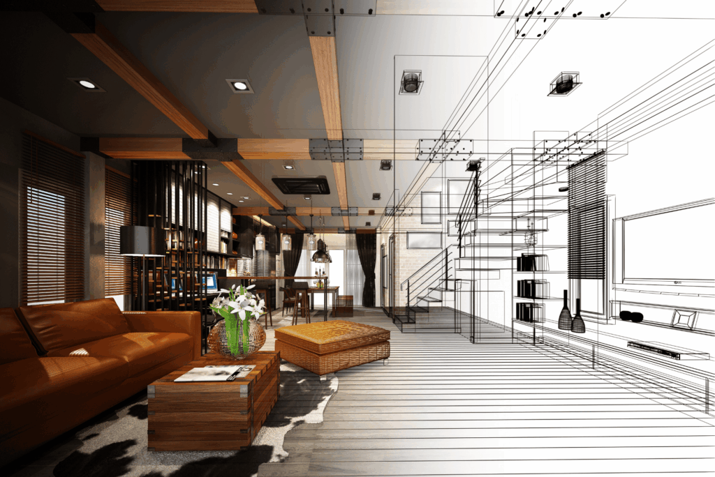 Modern home interior design rendering with wood beams, orange leather sofa, and architectural blueprint overlay