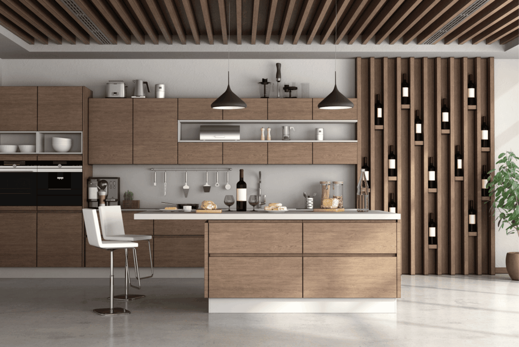 Modern kitchen remodel with wood cabinets, white countertops, and pendant lighting by Pottstown Construction Company