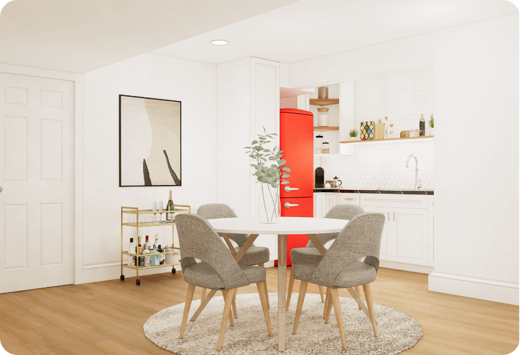 Modern kitchen and dining room renovation with white cabinetry, red refrigerator, and open shelving design