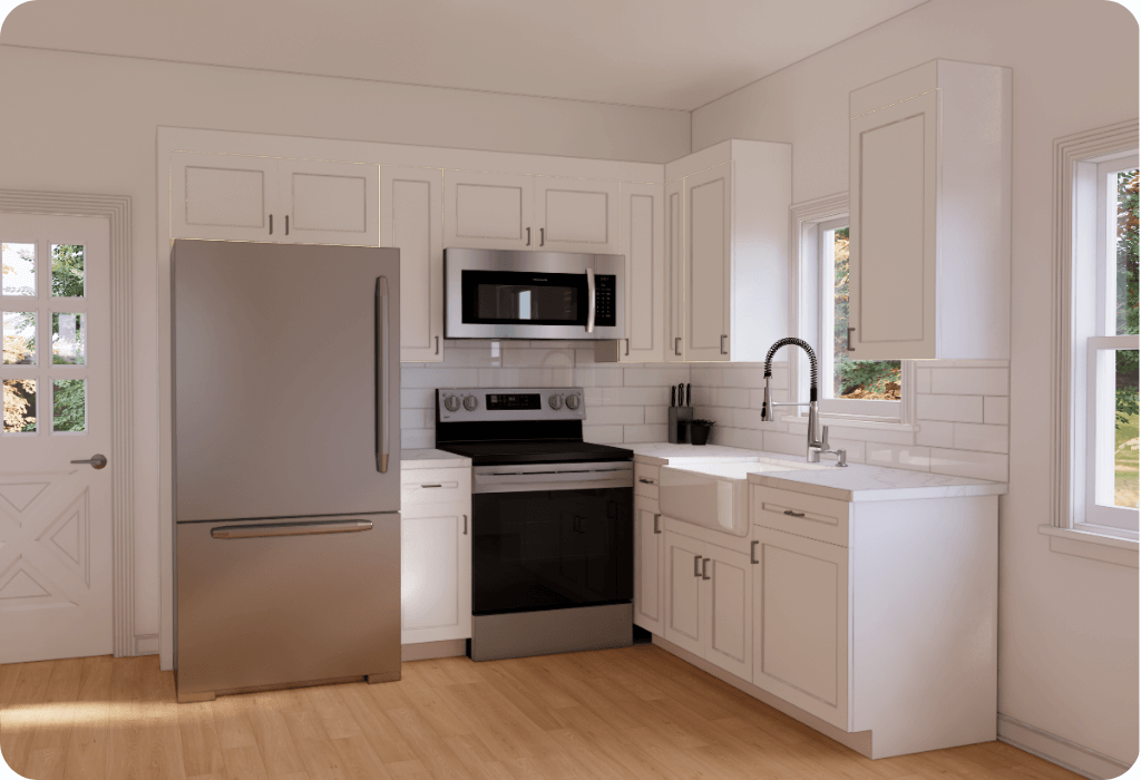 Modern kitchen renovation with white shaker cabinets, stainless steel appliances, subway tile backsplash, and quartz countertops