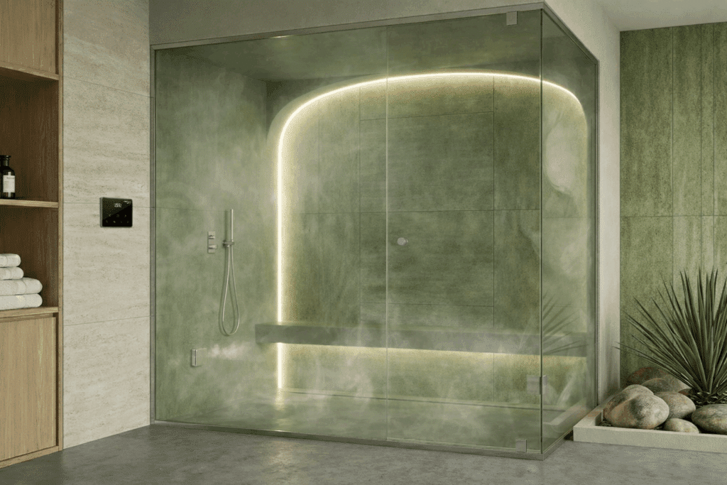 Modern bathroom with large glass walk-in shower enclosure, green tile walls, LED lighting, and natural stone accents