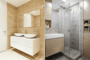 Modern bathroom remodel with dual vessel sinks, frameless glass shower, and warm wood tile finishes by Pottstown Construction