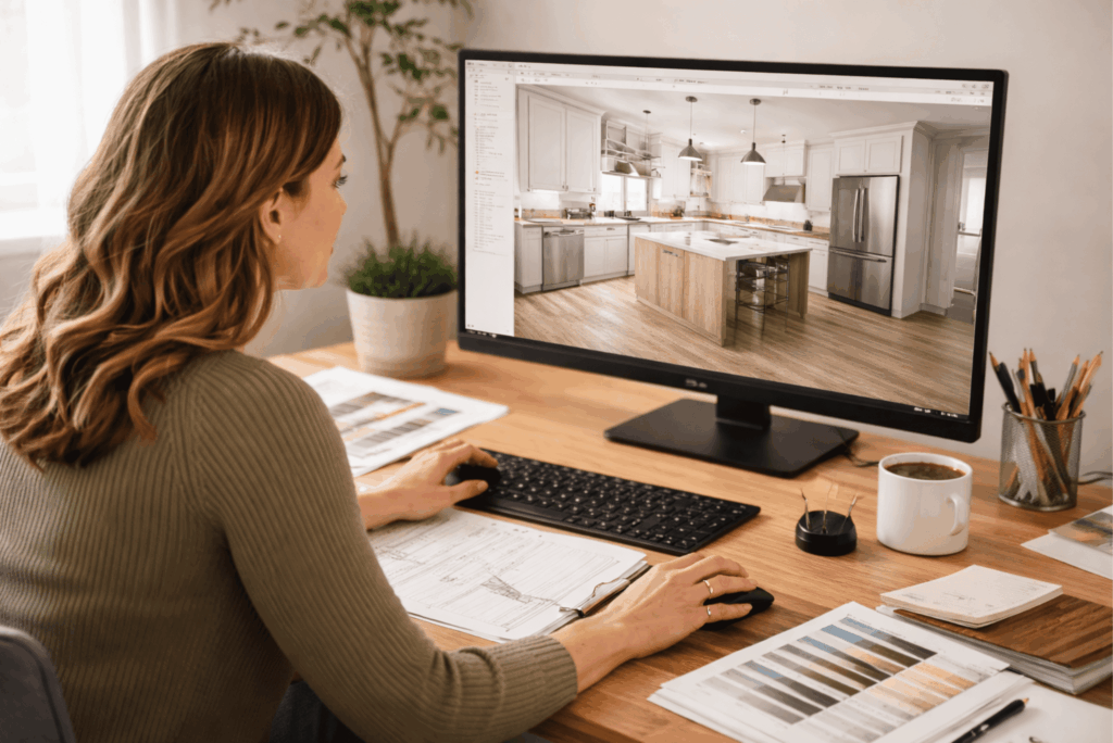 Designer reviewing modern kitchen remodel with white cabinets, wood island, and stainless steel appliances on computer screen