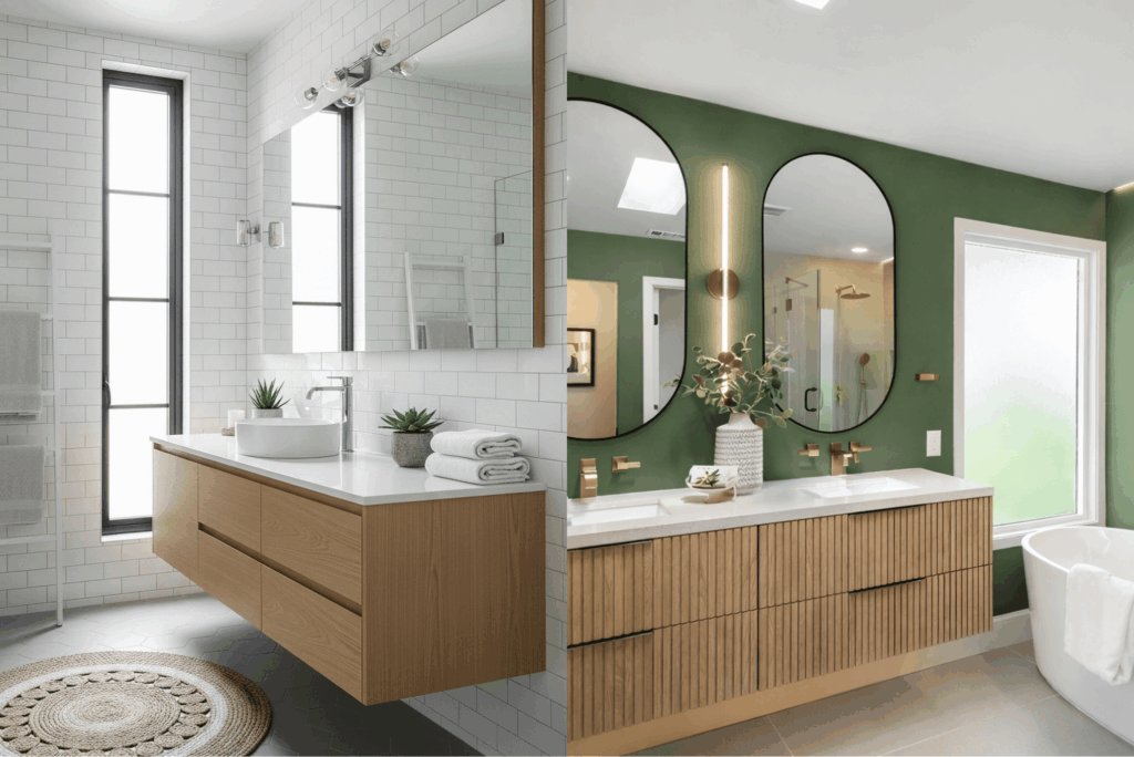 Modern bathroom remodel with white subway tile, wood vanity cabinets, green accent wall, and dual round mirrors