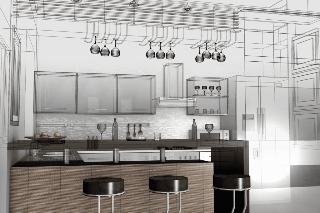 Modern kitchen design rendering with glass cabinets, pendant lighting, and island seating for home renovation