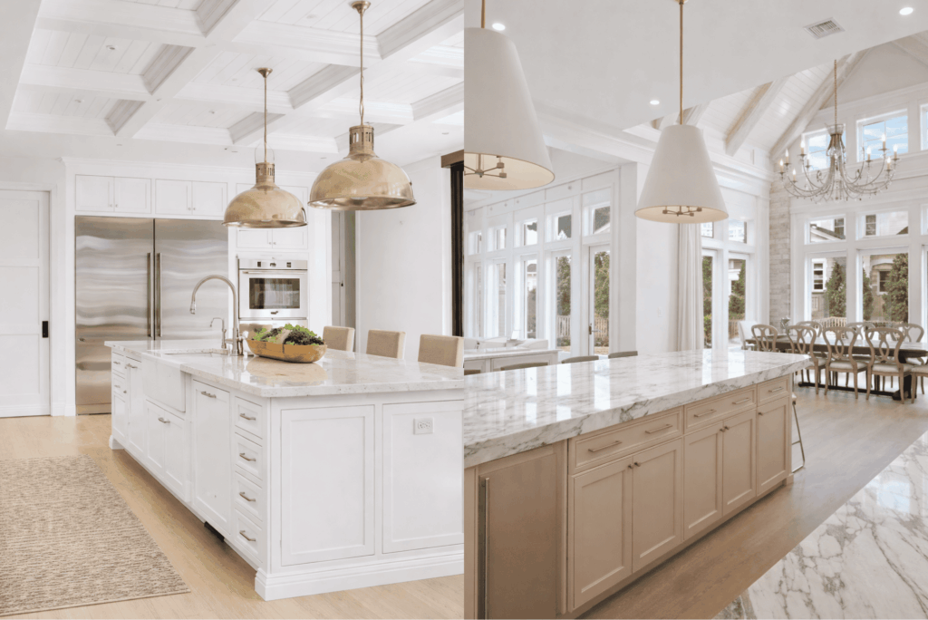 Luxury white kitchen with marble countertops, custom cabinetry, and brass pendant lights overlooking dining area