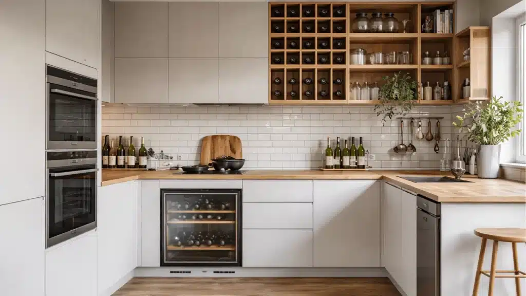 Modern white kitchen with custom cabinets, wood countertops, subway tile backsplash, and wine storage shelving