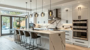 Modern kitchen remodel with white shaker cabinets, marble island, stainless steel appliances, and pendant lighting