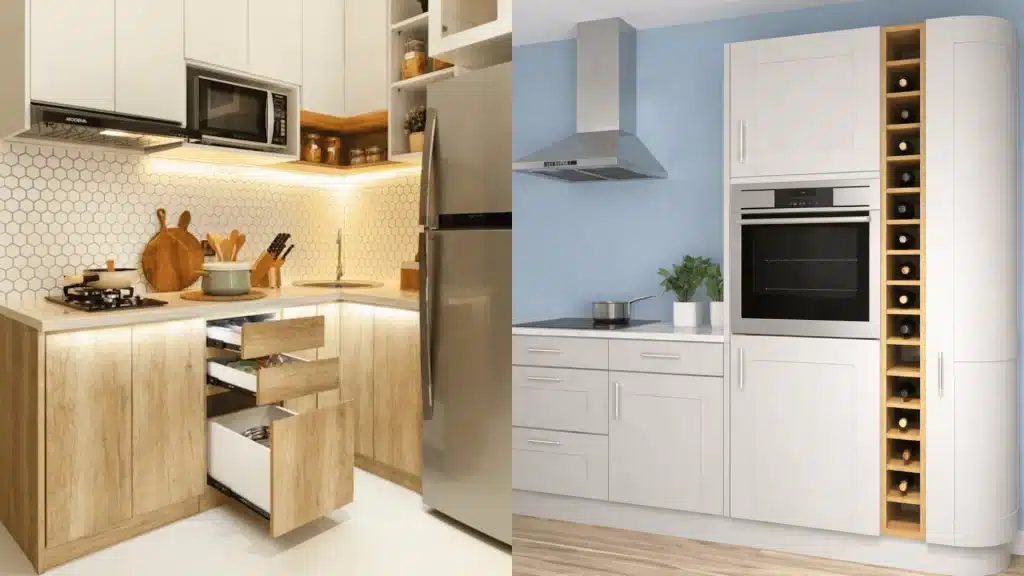 Modern kitchen remodeling designs featuring white and natural wood cabinetry with stainless steel appliances and hexagon backtile