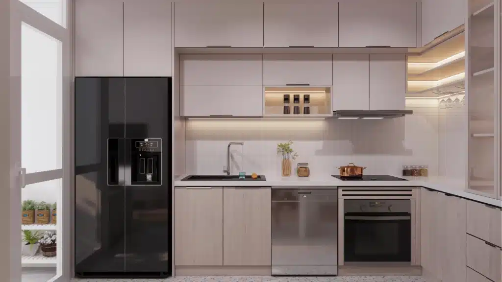 Modern kitchen remodel with gray cabinetry, stainless steel appliances, and warm LED lighting by Pottstown Construction