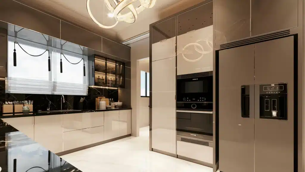 Modern kitchen remodel with cream cabinets, black marble backsplash, stainless steel appliances, and neon lighting