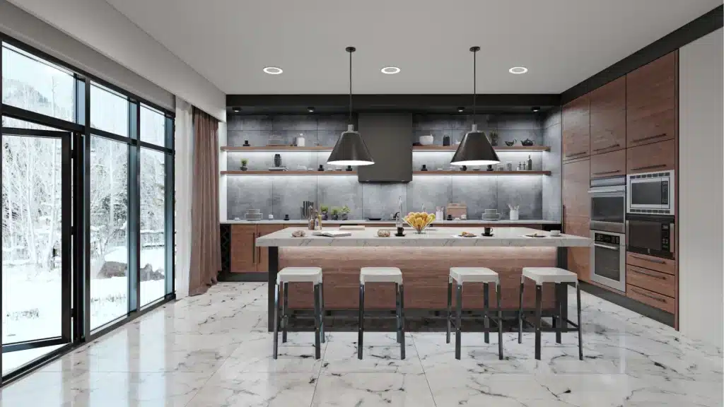 Modern kitchen remodel with wood cabinetry, marble flooring, quartz island countertop, and stainless steel appliances