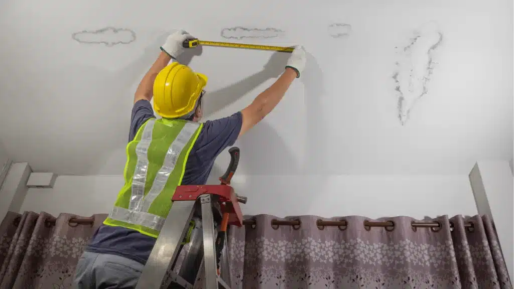 Construction worker measuring drywall with tape measure during home renovation project
