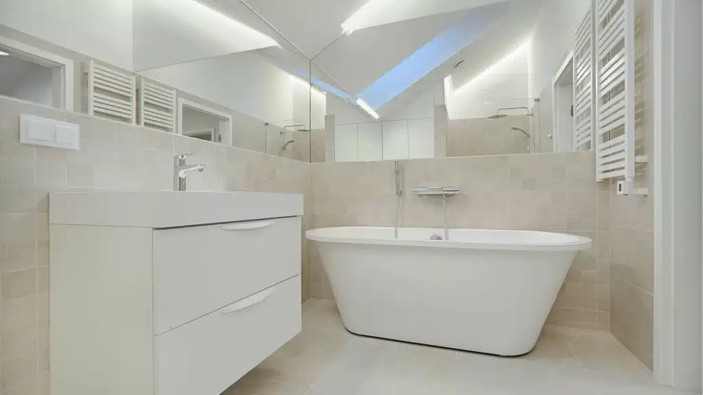 Modern bathroom remodel with freestanding white bathtub, floating vanity, and skylight at Pottstown Construction Company