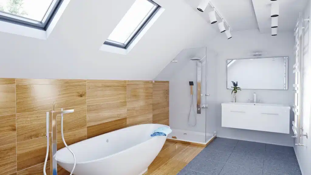 Modern master bathroom with soaking tub, wood accent tile, skylight, walk-in shower, and floating vanity